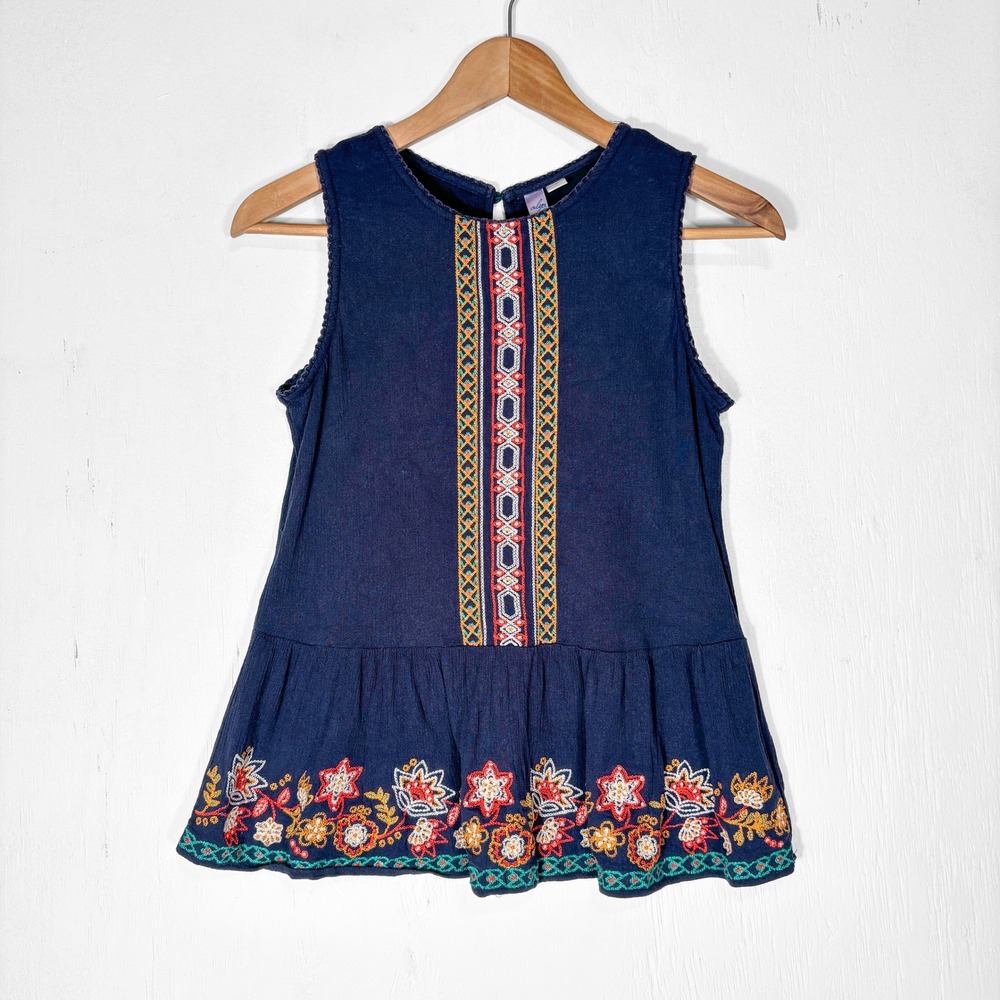 Alya Navy Blue Embroidered Sleeveless‎ Peplum Boho Top Small